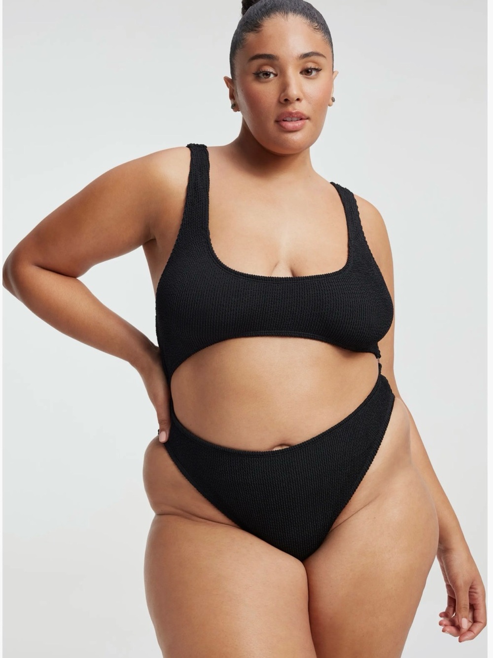Good American Always Fits Monokini Black Textured Cutout One Piece L/XL NEW